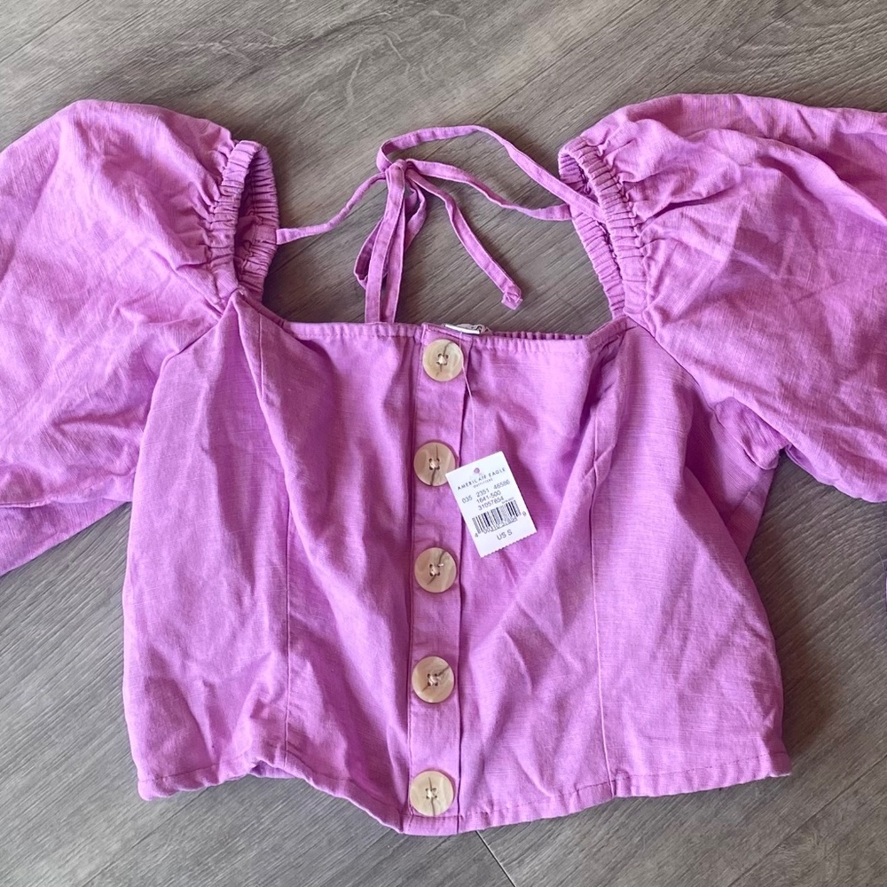 NWT American Eagle Sz S Cotton/Linen Button Front Cropped Top Balloon Slv